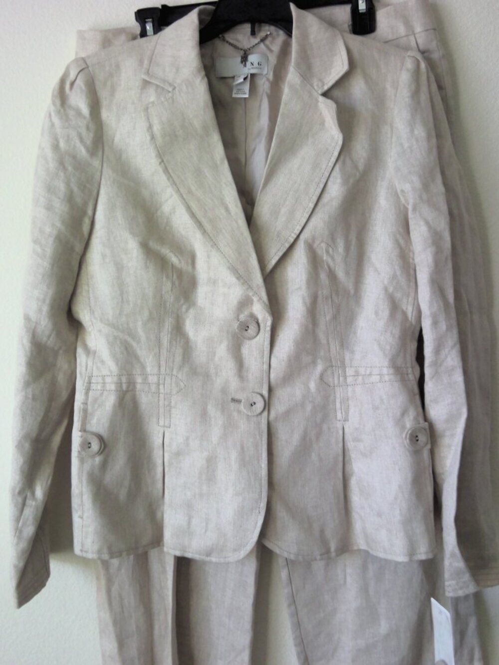 2-PC Linen-pleated front jacket & pant set by MNG MANGO size 12L in Wheat NWT - Picture 2 of 15